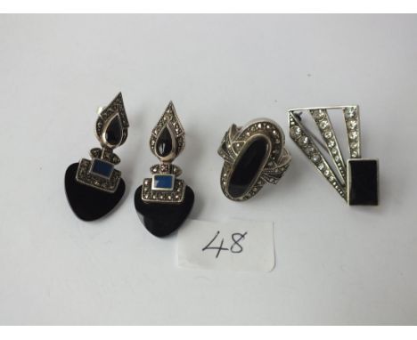 Art Deco stone set silver earrings, brooch and ring   