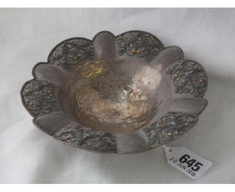 Circular dish with applied enamel decoration, marked  "1000", 6" dia 99g.       