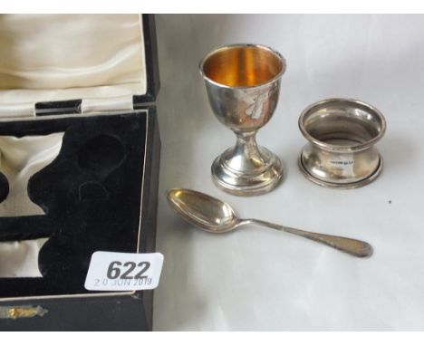 Boxed christening set of spoon, napkin ring and egg  cup, Chester 1942, etc.      