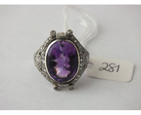 18CT GOLD AND PLATINUM FRENCH  amethyst &amp; diamond set ring approx size P  8.3g inc        