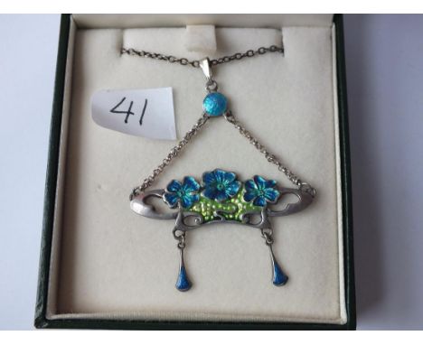 Art Nouveau silver and enamel pendant necklace with  enamelled floral decoration attributed to Charles Horner   but unmarked.