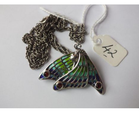 Plique A Jour silver and enamel pendant/brooch set with  garnet 4cm wide 14.9g inc      