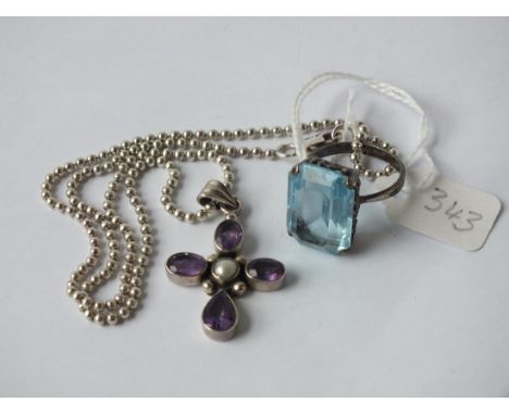 Amethyst coloured stone and silver set pendant  on chain with dress ring      