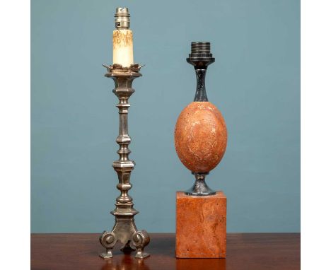 A mid to late 20th century continental table lamp constructed from pink and white veined marble, 42cm high; together with a f