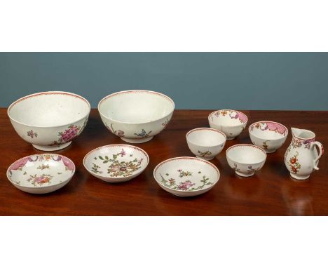 A group of 18th century porcelain tea wares consisting of a Newhall slop bowl, 16.5cm diameter together with; two matching te