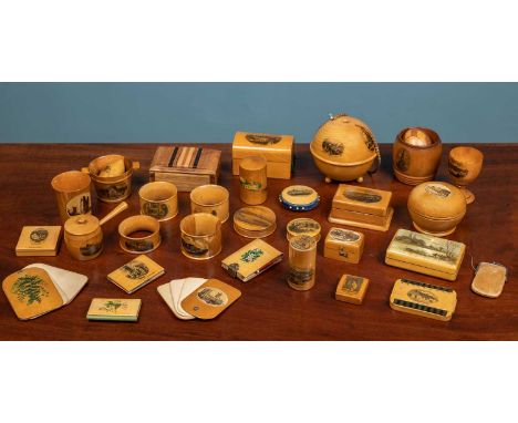 An assortment of Mauchline ware, comprising of one circular globe needle holder from Glasgow Cathedral; one Herne Bay box; on