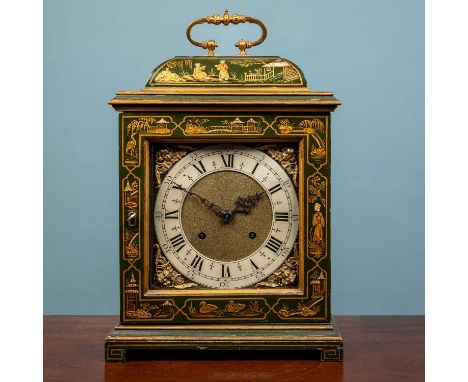 An 18th century style table clock with green lacquered case and chinoiserie ornament, the Roman dial with silvered chapter ri