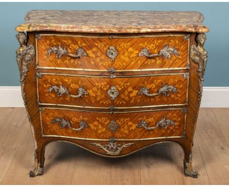 A 19th century French mahogany bombe commode, with floral marquetry satinwood veneer and a marble top, 103cm wide x 45cm deep
