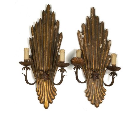 A pair of 18th century style giltwood wall appliques, with metal floral and foliate lamp holder branches, extending from a fl