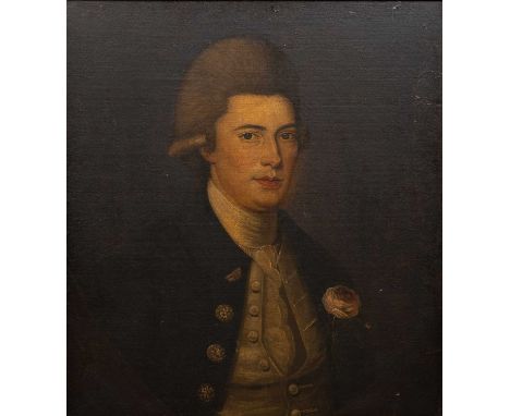 An 18th century school, portrait of a gentleman with a rose in his lapel, oil on canvas, unsigned, 61cm x 56cmLined, minor ma