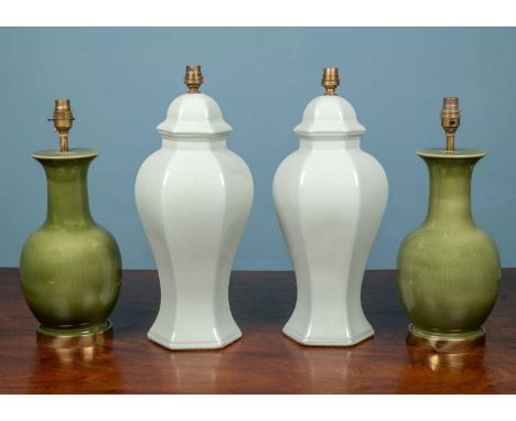 Two pairs of glazed ceramic table lamps in the form of Chinese vases, the hexagonal lamps 45cm high overall (4)One of the hex