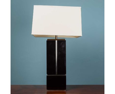 A large Willy Rizzo table lamp, mid century 1970s style, black lacquer and brushed chrome square section with lampshade, 73cm