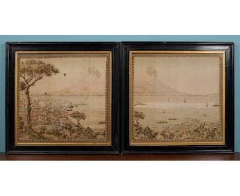A pair of tapestry style Neapolitan landscapes, in painted black wooden frames, 58cm x 59cm (each) (2)There are chips to the 