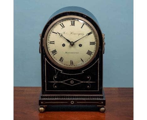 A George III table clock, by John Hemingway, Manchester, the arching ebony veneered case with decorative brass inlay and stan