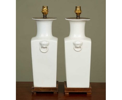 A pair of white glazed ceramic lamp stands on squared wooden bases, with an animal knocker to either side, 39cm high x 12cm w