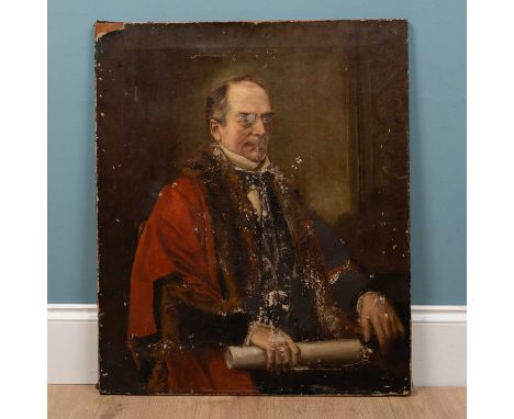 A 19th century English school portrait depicting The Mayor of Exeter, oil on canvas on wood, 76 x 64cmThis work has fading an