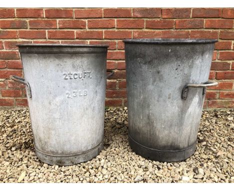 A pair of vintage two handled galvanised bins, 89cm high x 53cm wide (2)Used condition overall, with marks, dents and scratch