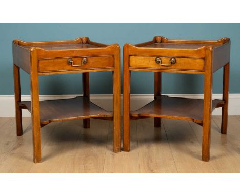 A pair of 19th century maple tray top side tables, with a drawer and brass handle, and an open shelf below, 51cm wide x 61cm 