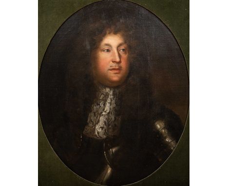 A portrait of an 18th century gentleman, oil on board, oval portrait mounted on green velvet material, giltwood framed, 106cm