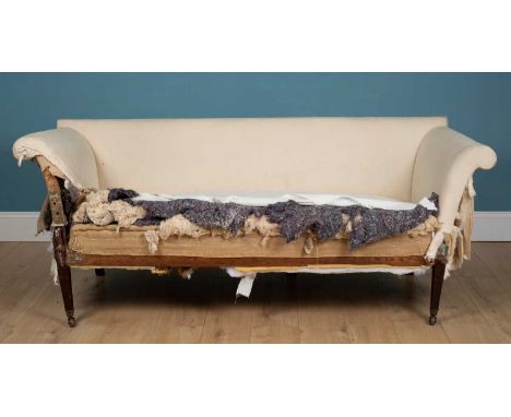 A Georgian sofa with scrolling arms and square tapering legs (for re-upholstery), 192cm wide x 74cm deep x 77cm highIn need o