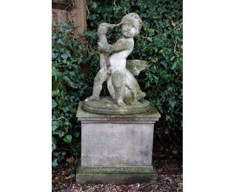 A cast reconstituted marble stone sculpture of a putti and a goose, on a cast stone plinth base, 165cm x 160cm (altogether), 