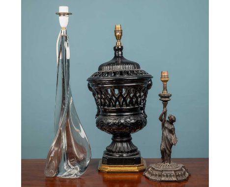 Three decorative table lamps consisting of lamp with Murano glass writhen body, 62cm high; an Italian black glazed pierced po