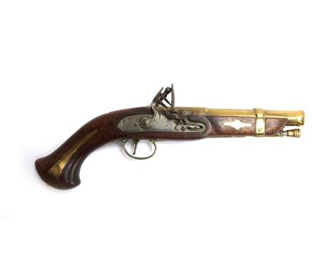 A smooth bore flintlock pistol, c.18th-19th century, with furniture in tact, brass barrel marked BP (Black Powder)