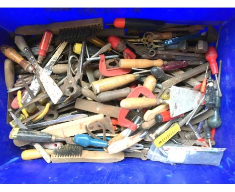 A large mixed box of hand tools, screwdrivers, clamps, chisels, etc 