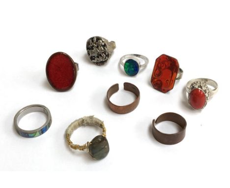 9 dress rings some enamel decorated, hardstone and others 