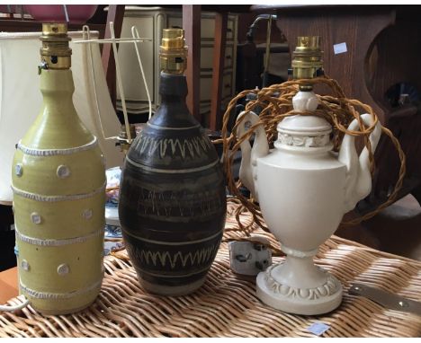 Two 20th century studio pottery lamp bases, approx. 26cmH, and one other 