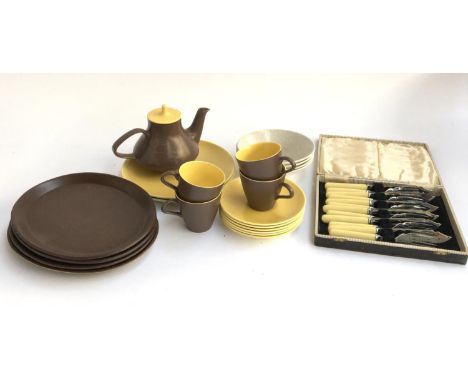 A Poole 'twin tone' part tea service, together with four Poole pottery bowls; cased set of fruit knives and forks etc 