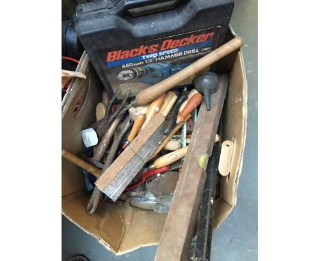 A box of various hand tools, including spanner, files, hammers, hammer drill etc 