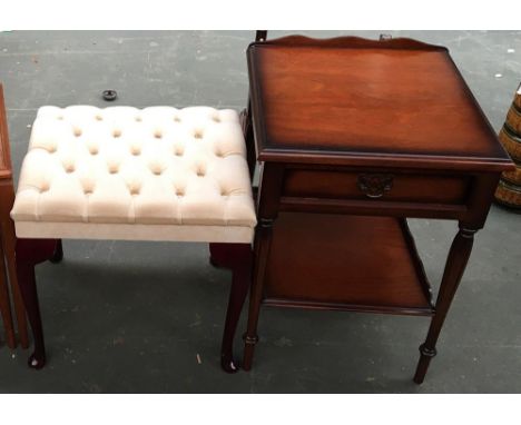 A button upholstered footstool; together with a bedside table with single drawer, 43x43x60cmH 