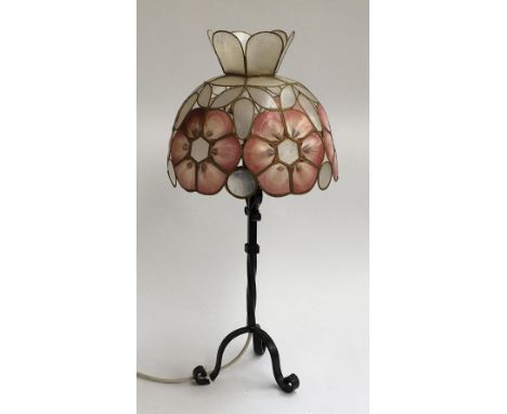 A vintage capiz shell lamp with wrought iron base approx. 57cmH 