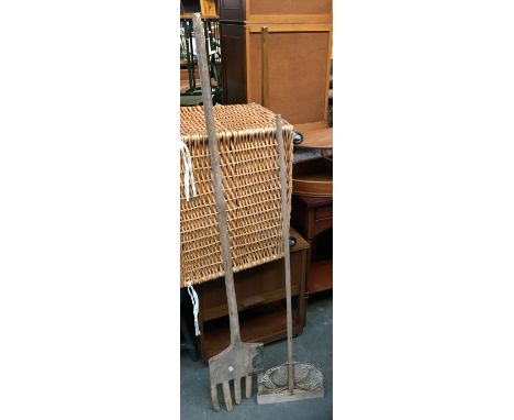 A vintage shrimping net, together with a wooden pitchfork, with old repairs 155cmL 