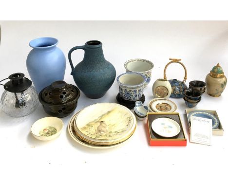 A mixed lot to include blue West German jug; Oriental teapot and cups; Wedgwood 'Ice Rose' plate; Jasperware plate etc 