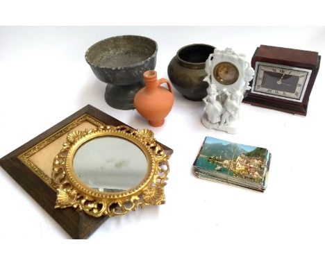 A Manor Period pewter footed bowl, 22cmD, together with an ornate style oval mirror, photo frame, bisque figural clock, art d