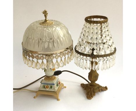 A table lamp with cut glass shade with glass drops; together with one other with cascading drop glass shade 