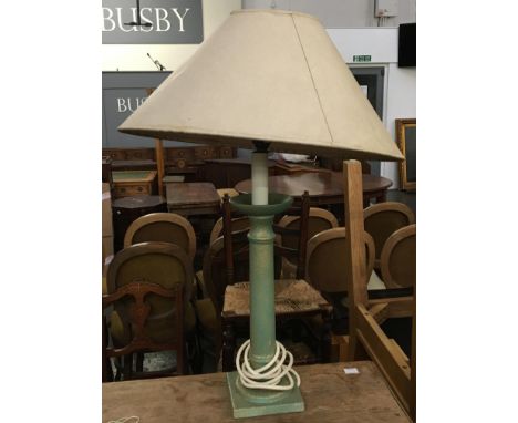 A copper effect wood turned table lamp, with shade, the base 33cmH, 60cm to top of shade 