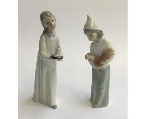 Two Lladro figurines, girl with candlestick and girl with chicken, each approx. 20cmH 