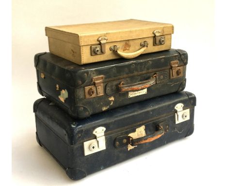 Two blue vintage suitcases, one made for Royal Dutch Airlines 'KLM', 56cmW and 49cmW; together with a vintage gents overnight