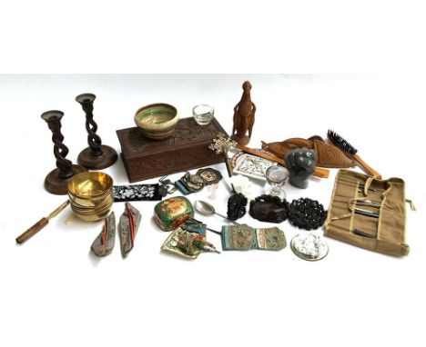 A mixed lot of interesting things to include a hardwood box carved with dragons, intricately carved Oriental hardwood stands,