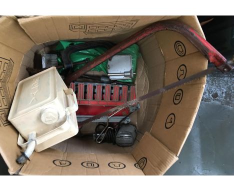 A mixed box of tools to include large G clamp, saw, heat gun, Valor fuel can etc 