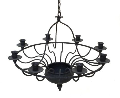 A Susie Watson eight arm wrought iron candelabra (51cmD) suspended from a 120cm chain 
