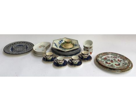 A mixed lot of ceramics to include four New Chelsea Staffs coffee cans and five saucers, decorated with panels of exotic fanc