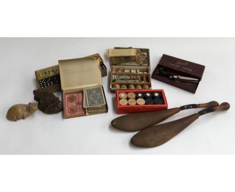 A mixed lot of interesting things to include lino cutting tools; dominoes; vintage playing cards; drafts pieces; vintage shoe