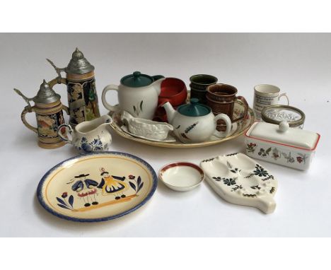 A mixed lot of ceramics to include Denby Greenwheat, West German ramekins, Arthur Wood lidded trinket box, Delft jug, vintage