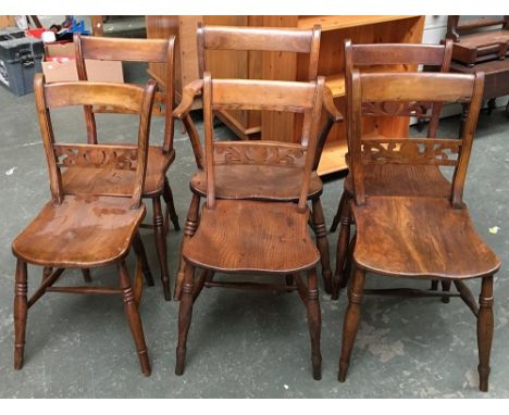 A good set of six 19th century kitchen chairs, one carver, pierced middle rail, over shaped elm seats, on ring and baluster t