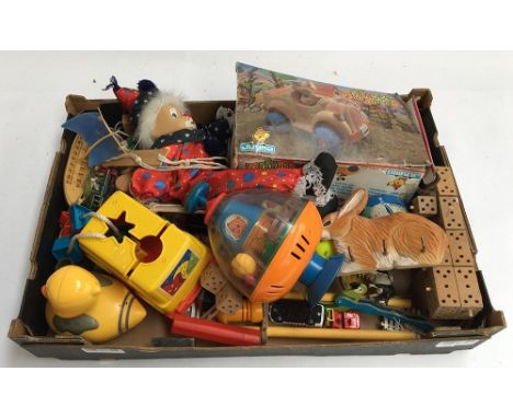 A box of assorted children's toys to include Tomy, Chad Valley, Bendy Mickey Mouse toy etc