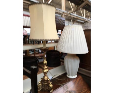A white ceramic table lamp, with shade, approx. 83cmH; together with one other, approx. 100cmH 